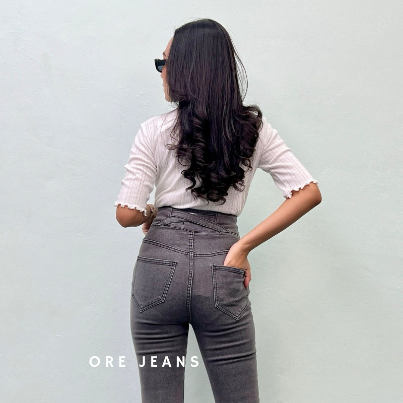 ORE - Pinkam Highwaist Cutbray Jeans Tali silang Belakang