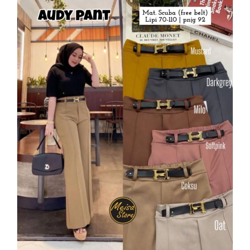 Audy Pant Celana Cutbray High Waist Bahan Scuba Free Belt