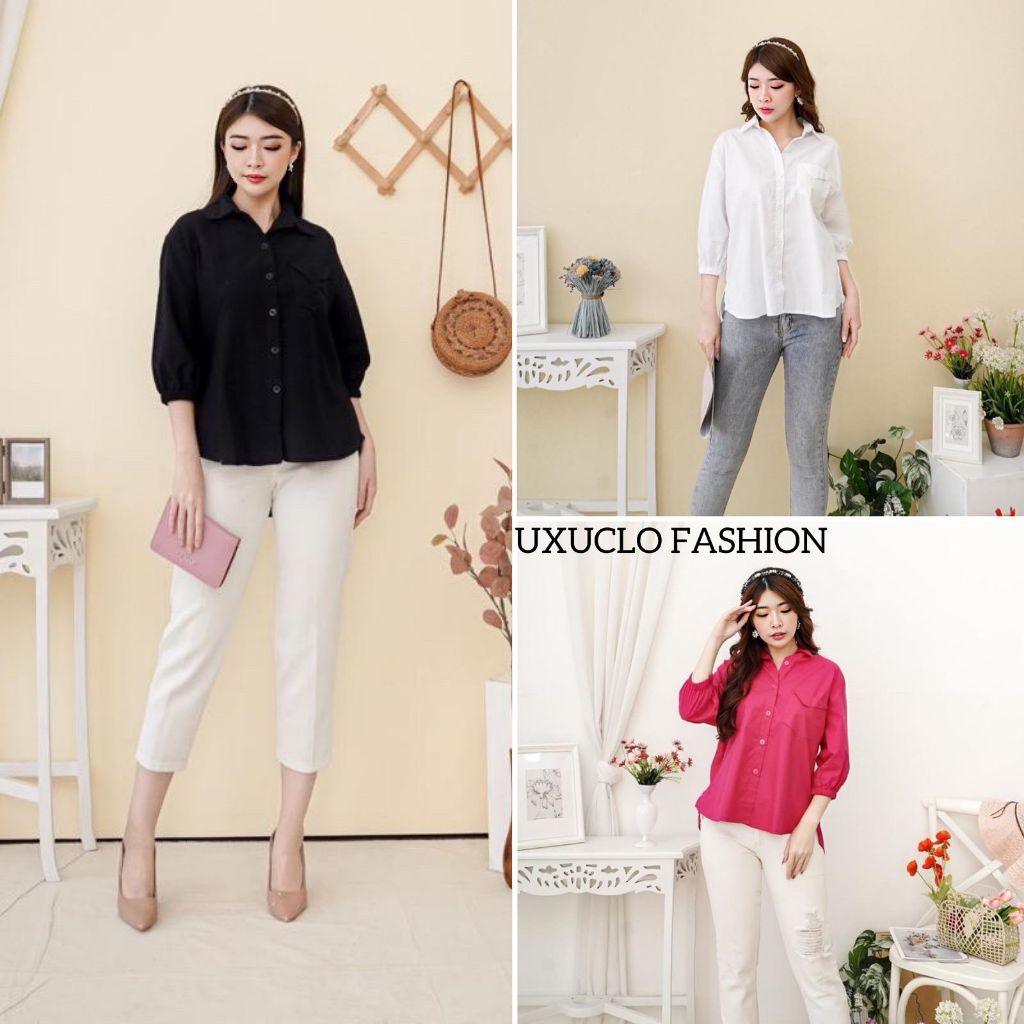 Kemeja Wanita Cotton Poplin Shirt Lengan Balon/Kemeja Wanita Katun Lengan Panjang/Kemeja Wanita Polo