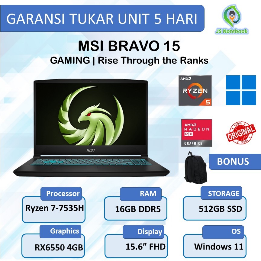 Msi Bravo 15 B7ED RX6550 4GB Ryzen 5-7535HS 32GB 512SSD Win11