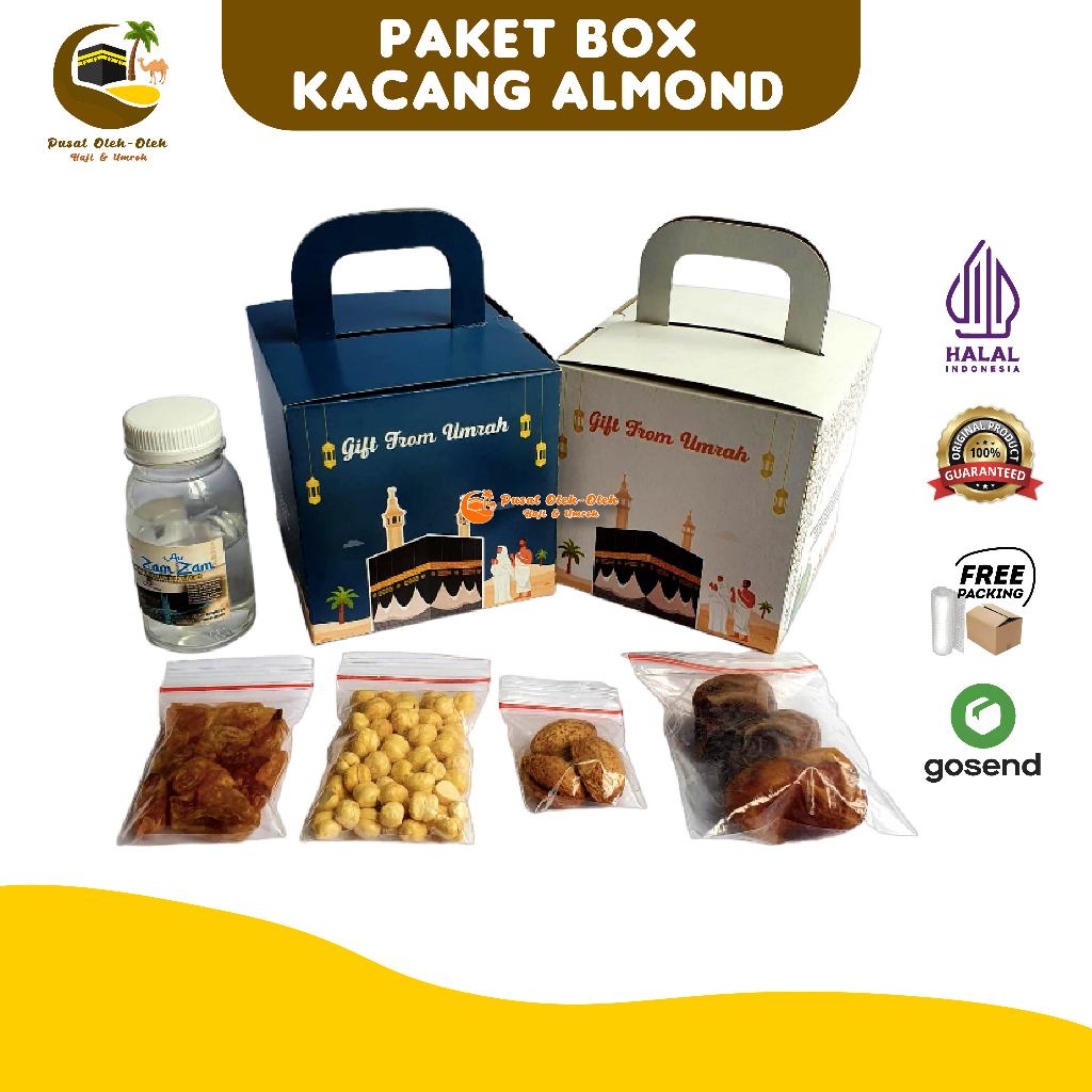 

Paket Oleh Oleh Haji dan Umroh Air Zam - zam ori + Kacang Arab Almond + Kurma Khalas + Kismis Golden