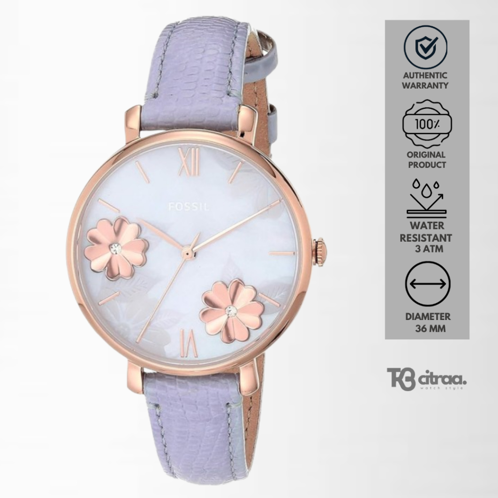 jam tangan fashion wanita Fossil ladies Jacqueline analog strap kulit Floral Dial Blue Leather water