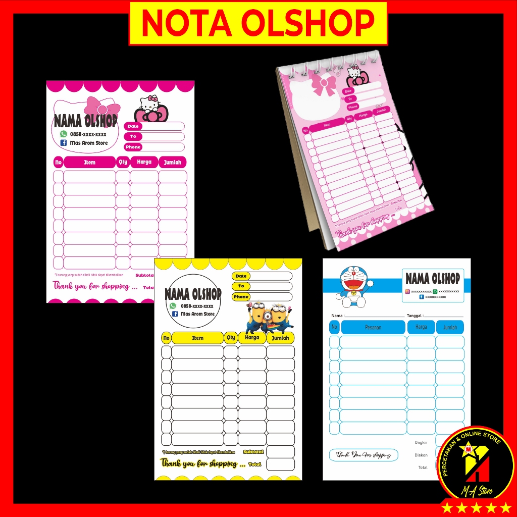 

Nota Olshop Custom Karakter 1 Ply Ukuran 10x15 cm Bahan Kertas HVS 60 gsm Tebal