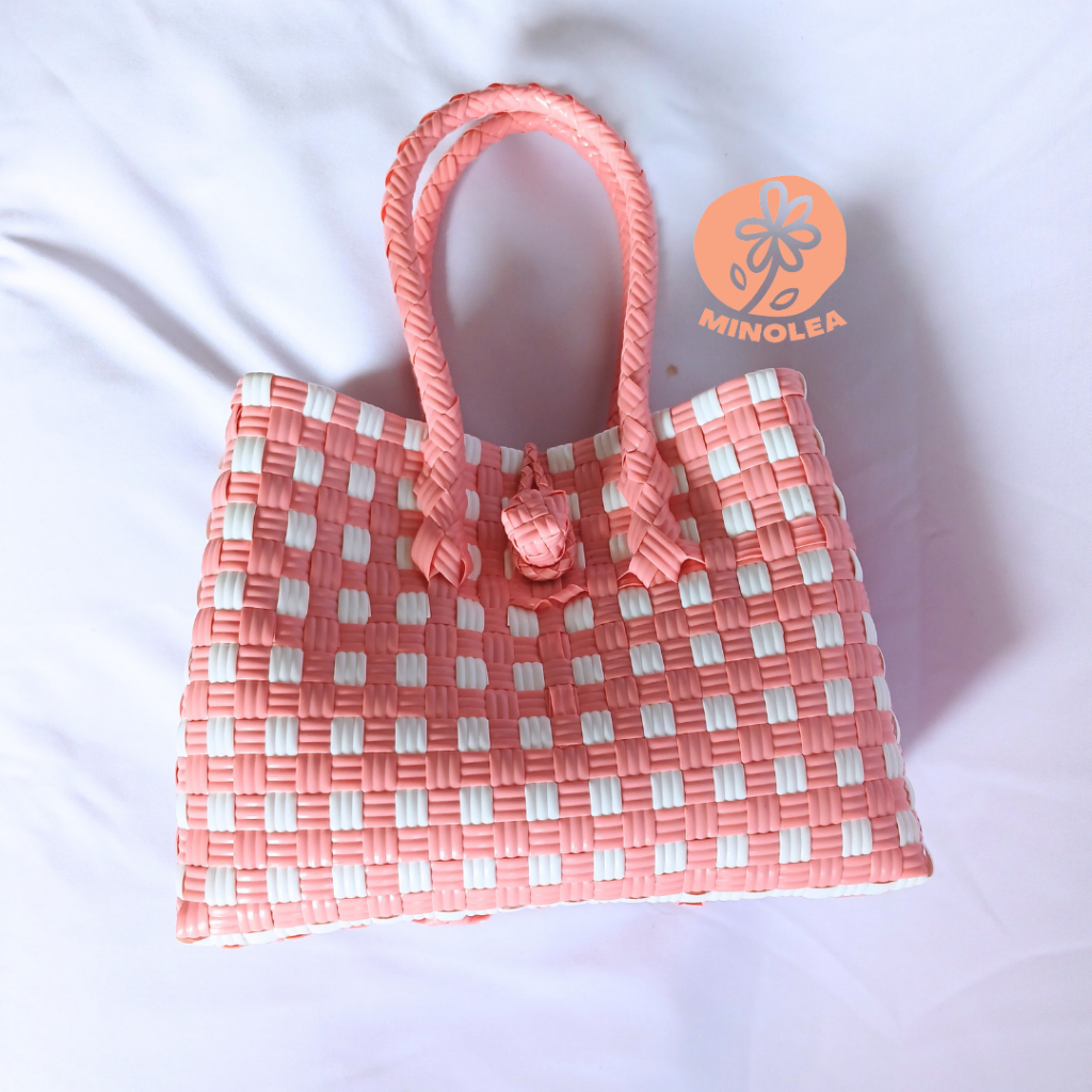 TAS ANYAMAN JALI PREMIUM SIZE S BABY PINK TAS WANITA TAS ANYAMAN PLASTIK LENTUR HANDMADE