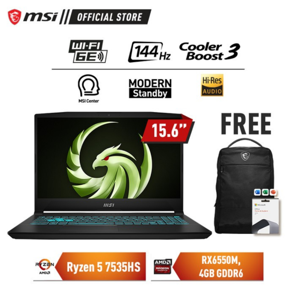 MSI BRAVO 15-014 029 RYZEN 5-7535HS RX6550M 15.6"FHD 8GB 512GB OHS W11