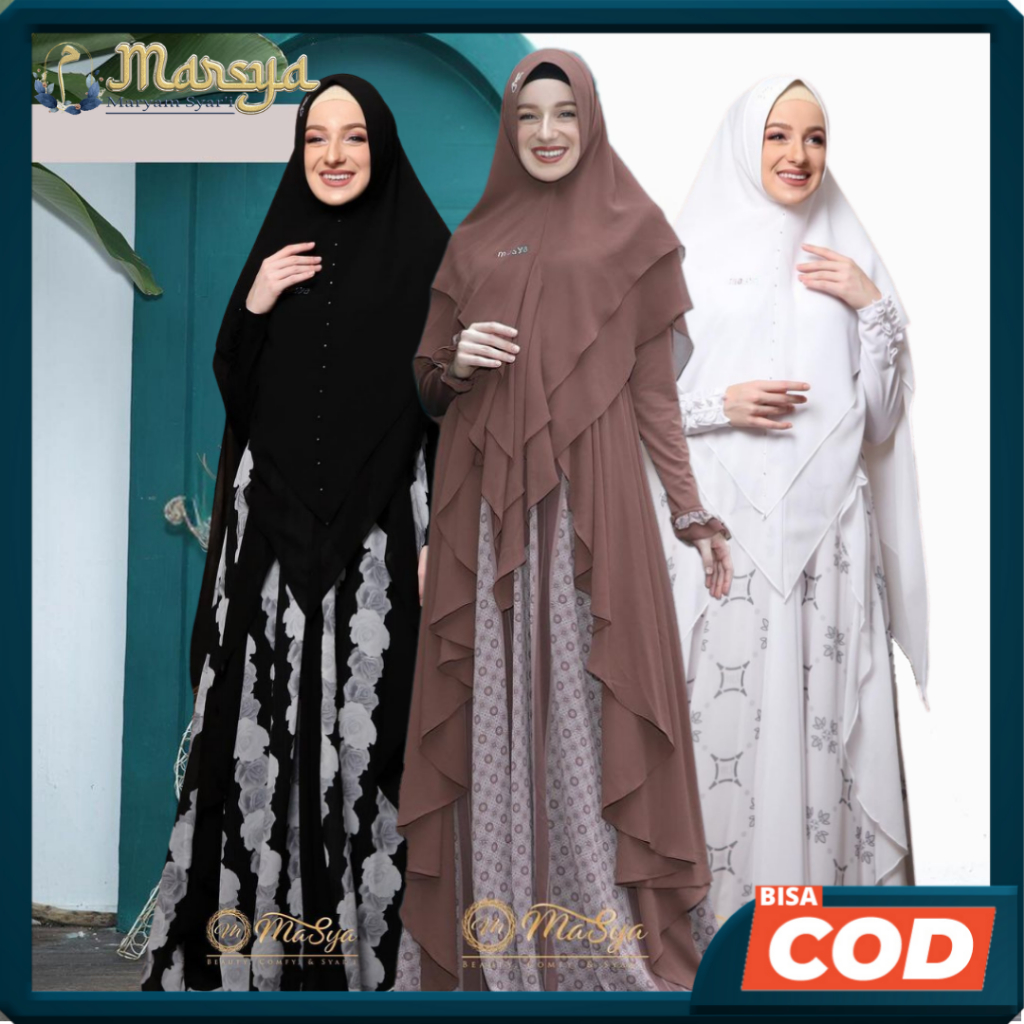 Set Gamis Dress Ceruty Babydoll Syari Branded Hitam - Black - Brown - Coklat - White - Putih  Mewah 