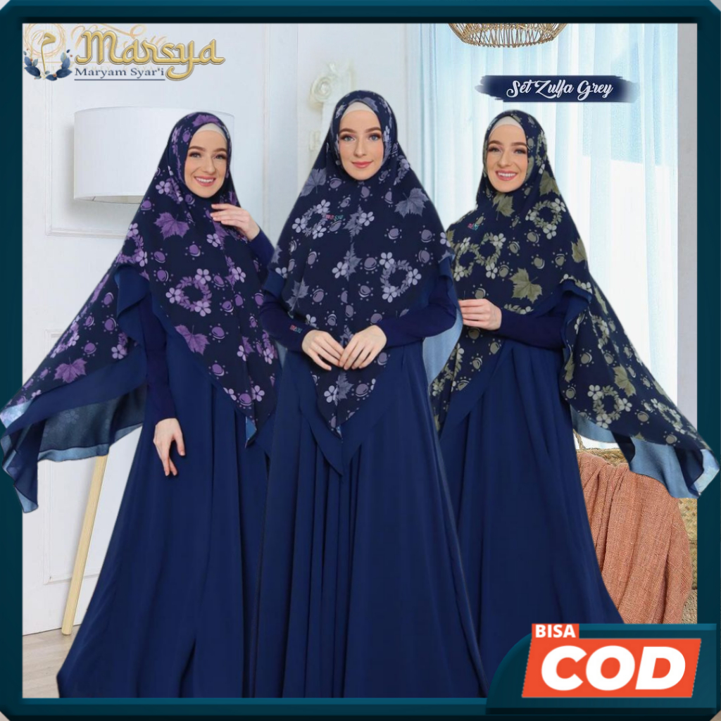 Set Gamis Dress Ceruty Babydoll Syari Branded Prinitng Navy - Grey - Avocado - Grape Mewah Masya Sya