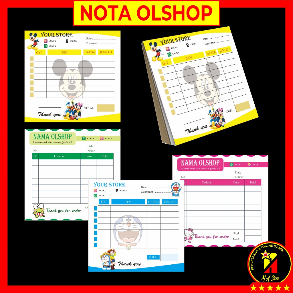 

Nota Olshop Custom Karakter 1 Ply Ukuran 10x10 cm Bahan Kertas HVS 60 gsm Tebal