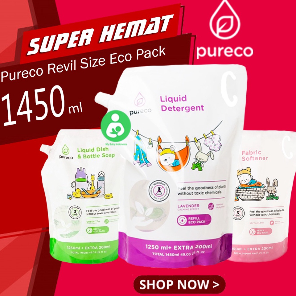 PURECO - PURECO LIQUID DETERGEN / DISHSOAP BOTTLE / SOFTENER REFILL ECO PACK POUCH 1450-ML Readystoc