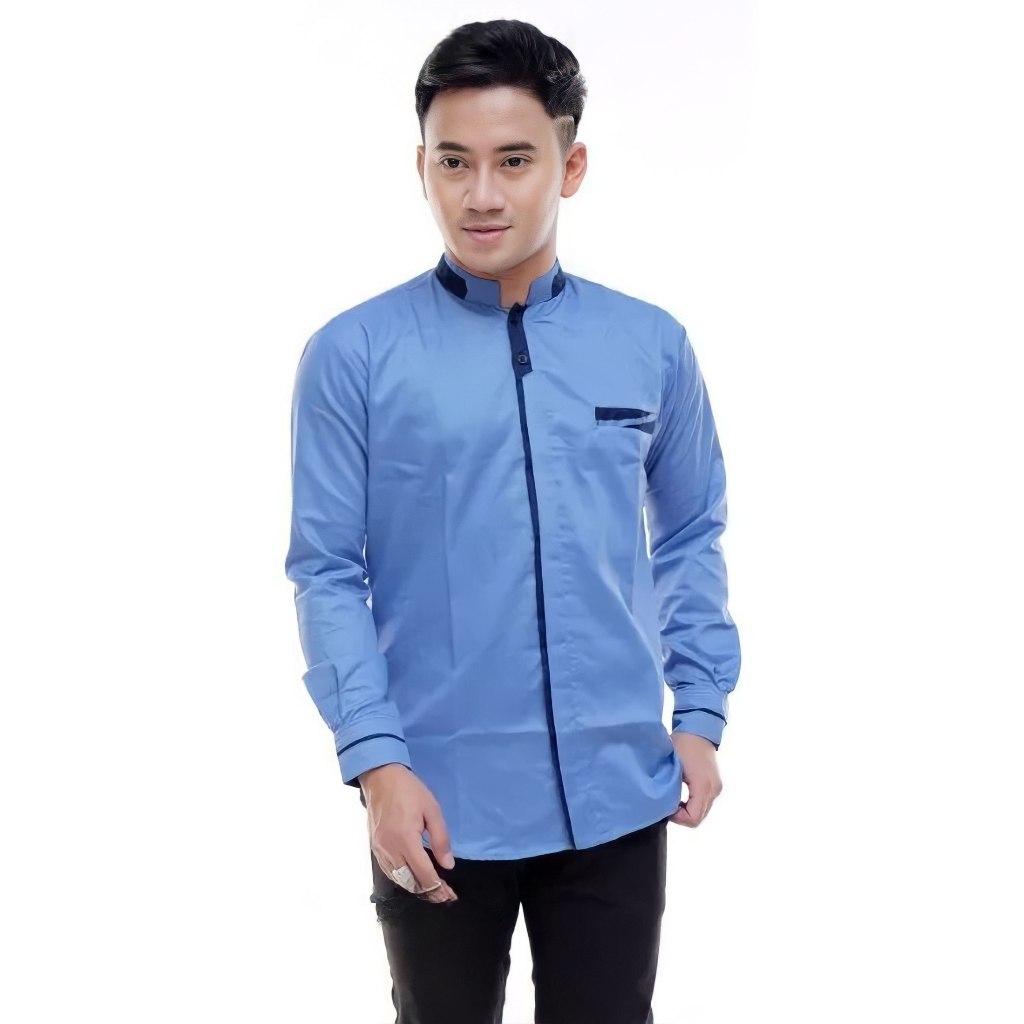 Baju Koko Pria Dewasa Kemeja Muslim Pria Ukuran S M L XL XXL Warna Denim
