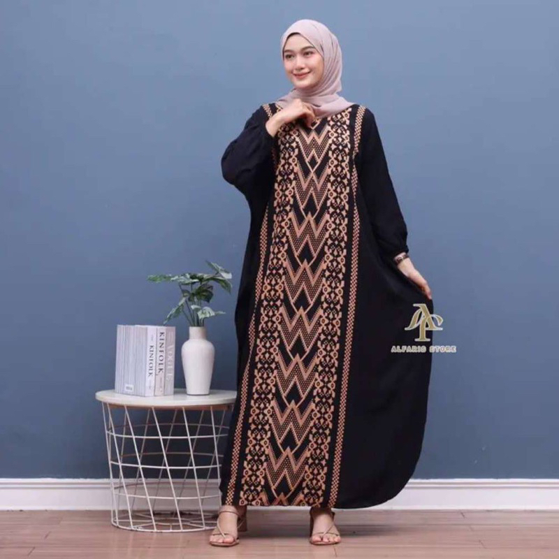 Kaftan Wanita - Daunda Kaftan Size Jumbo XXXXL Motif Daun Lengan Panjang Busui Resleting by Nadira_Fashion / Gamis Rayon Jumbo Kaftan Terbaru-Hana black