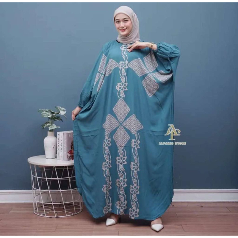 Kaftan Wanita - Daunda Kaftan Size Jumbo XXXXL Motif Daun Lengan Panjang Busui Resleting by Nadira_Fashion / Gamis Rayon Jumbo Kaftan Terbaru-Andin toska