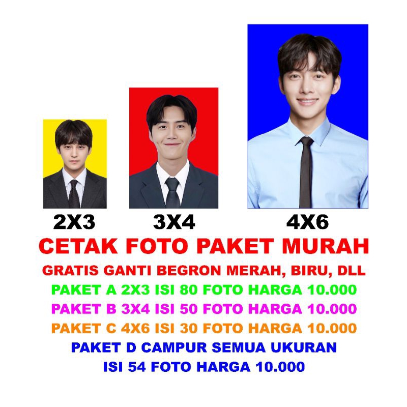 Cetak foto lamaran kerja murah 2x3, 3x4, 4x6, gratis ganti beground