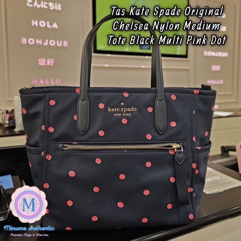 Tas Kate Spade New York Original Chelsea Medium Nylon Tote Black Multi Pink Dot