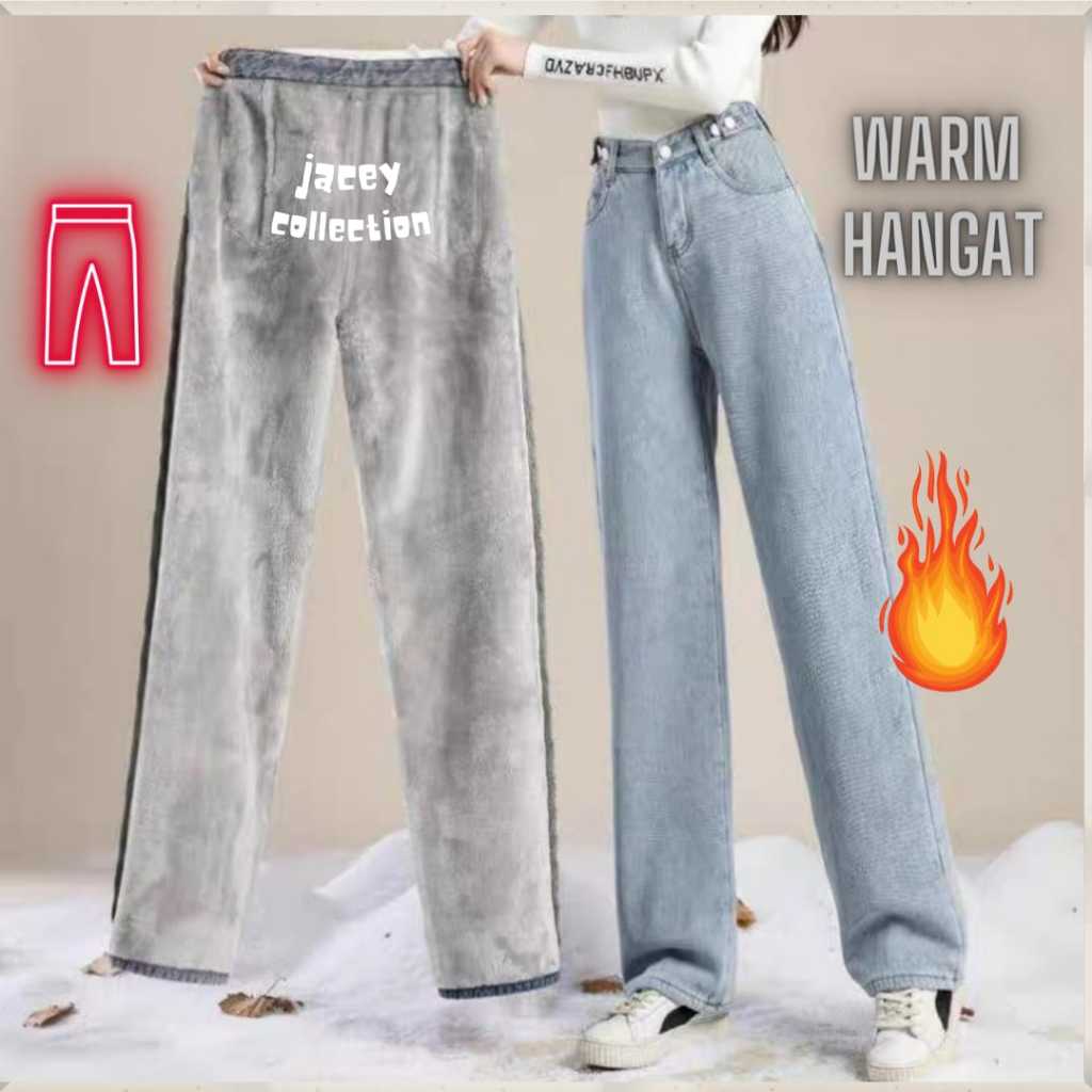 Celana Jeans Winter 2 High Waist Kulot Pinggang Kancing Yang Dapat Disesuaikan JATER 2