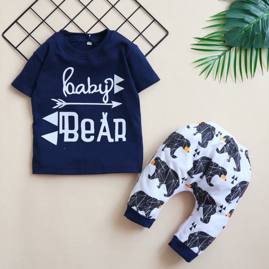 QFJR2121 Terbaru PROMO 11.11 Nuna Store Motif Baby Bear / Setelan Baju Bayi/Anak Laki-laki Usia 6 Bu