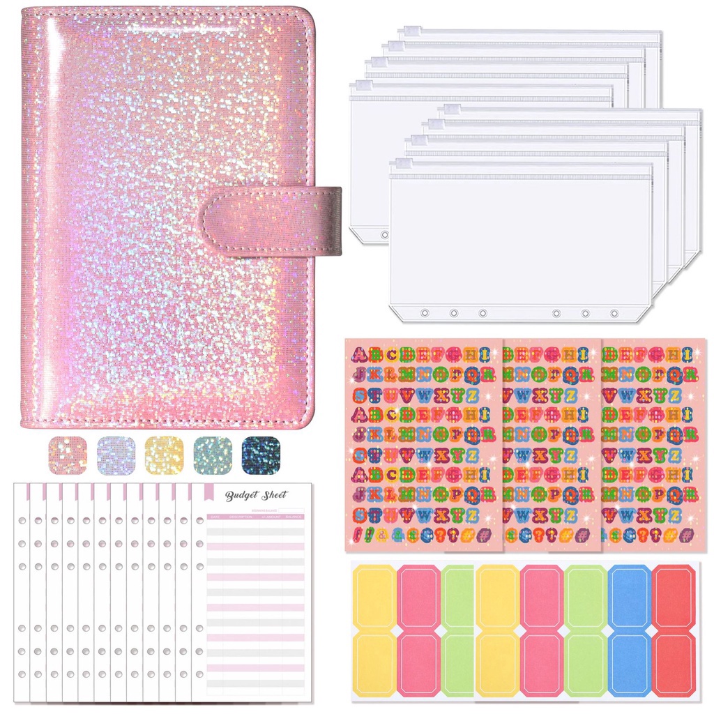 

12.12 SALE A6 Glitter Binder dengan Kantong Ritsleting Arus Amplop untuk Penganggaran Uang Penyimpanan Organizer dengan Stiker Label Bisnis Binder Notebook Alat Tulis buruan