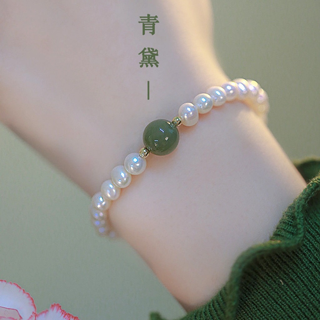 Gelang Bangle Giok Hijau Manik Mutiara Kelinci untuk Wanita