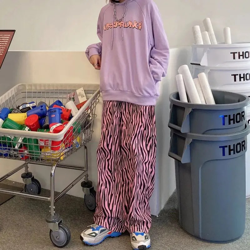 Y2k Pink zebra pattern pants elastic waist sweatpants women high waist plus size wide leg Pants Casu