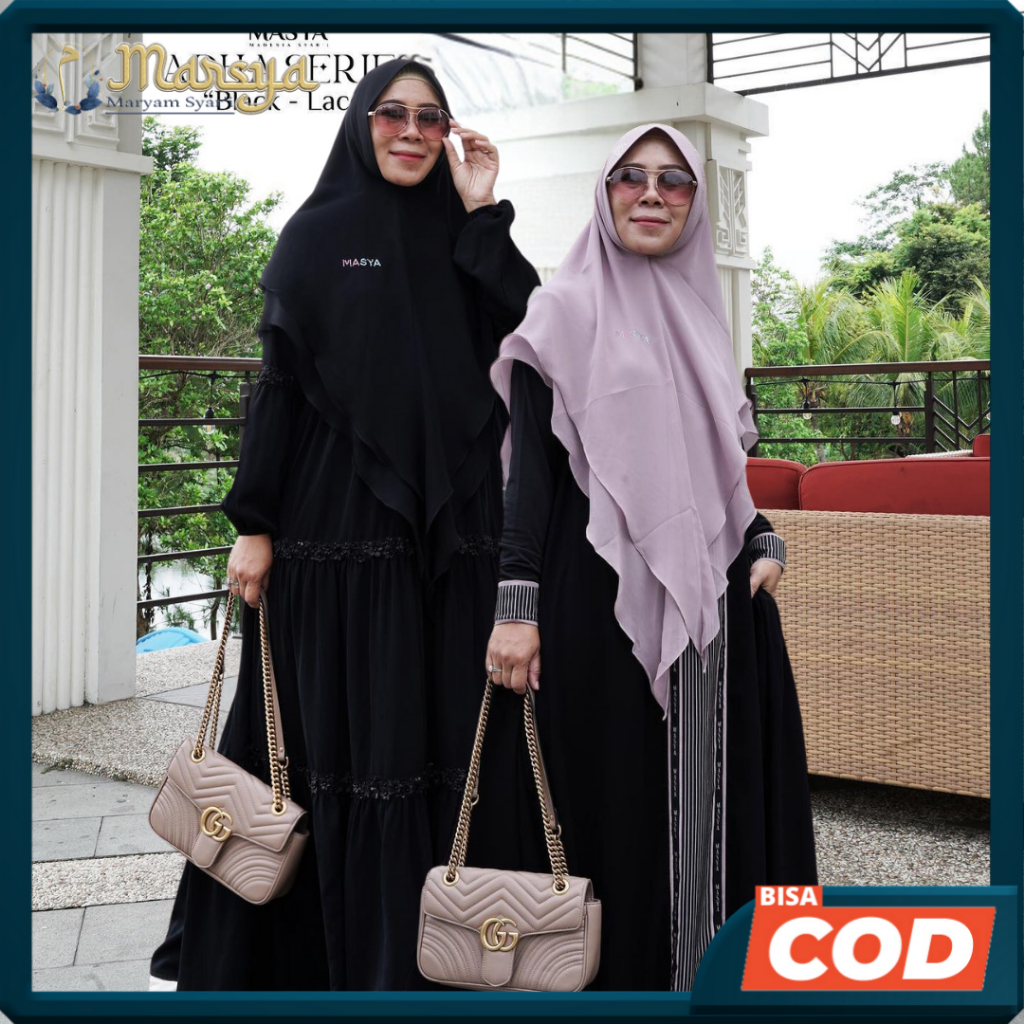 ADHA Set Baju Gamis Dress Hitam Jetblack Black Stripe Mewah Premium Ori Branded Masya Syari Original