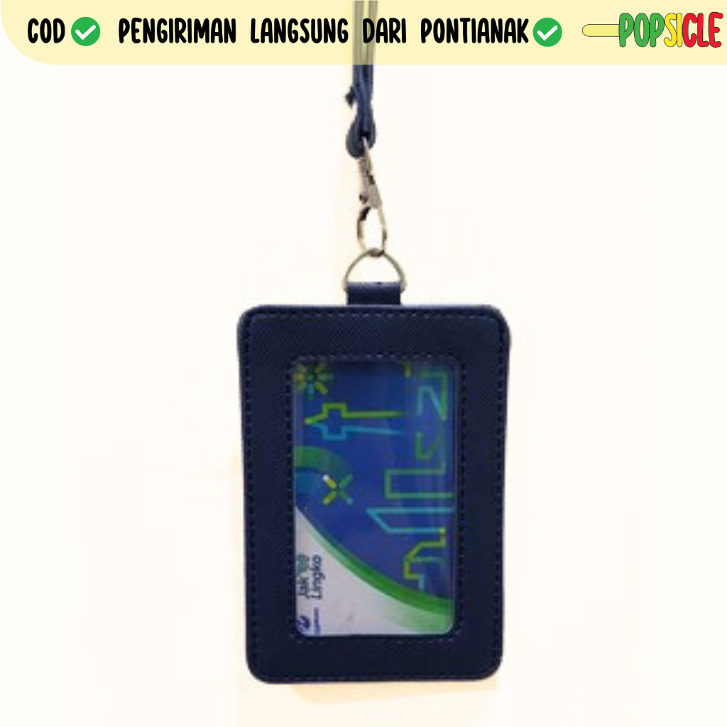 

ID Card Flashee Holder Plastik Name Tag Mika Navy Lanyard Kulit Dua Sisi Transparan Termurah PU Leather