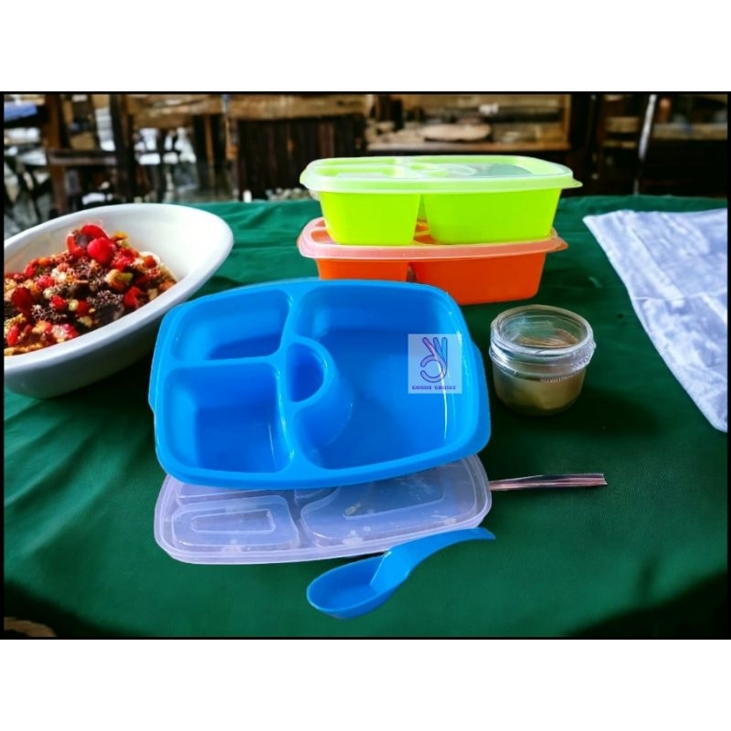 Kotak Makan Nina / lunch box sekat 4 + sendok / Ompreng Plastik Anak