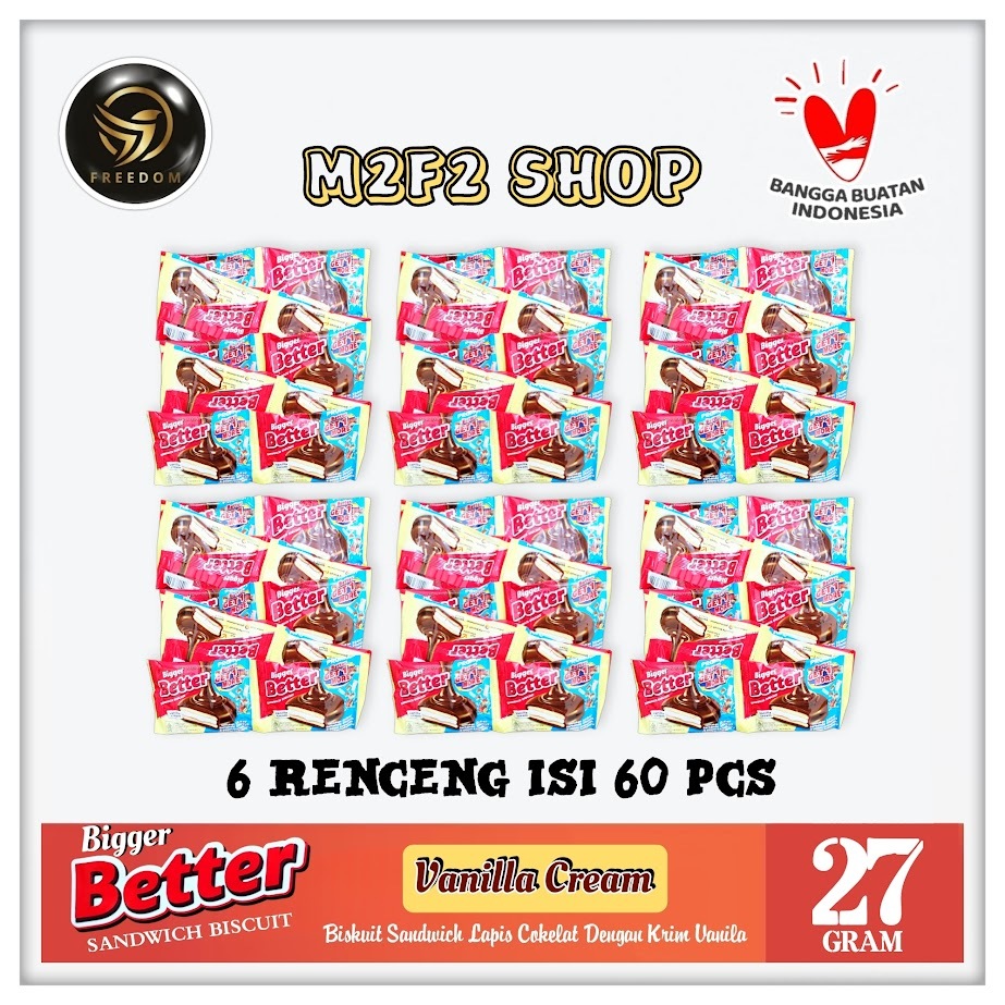 

Bigger Better Sandwich Biscuit Vanilla Cream | Biskuit Lapis Cokelat Krim Vanila | Renceng GT - 27 gr (Kemasan 6 Renceng)