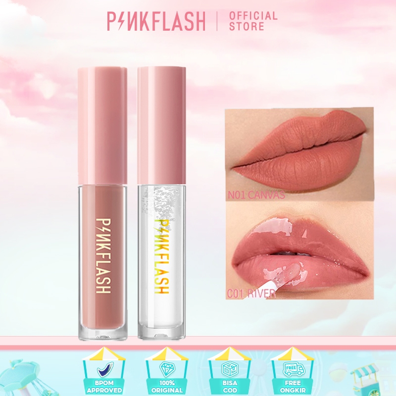 PINKFLASH  2PCS/SET Matte Tahan lama  Liquid Lipstick + Lip Gloss Lip Care Shimmer Pigmentasi tinggi