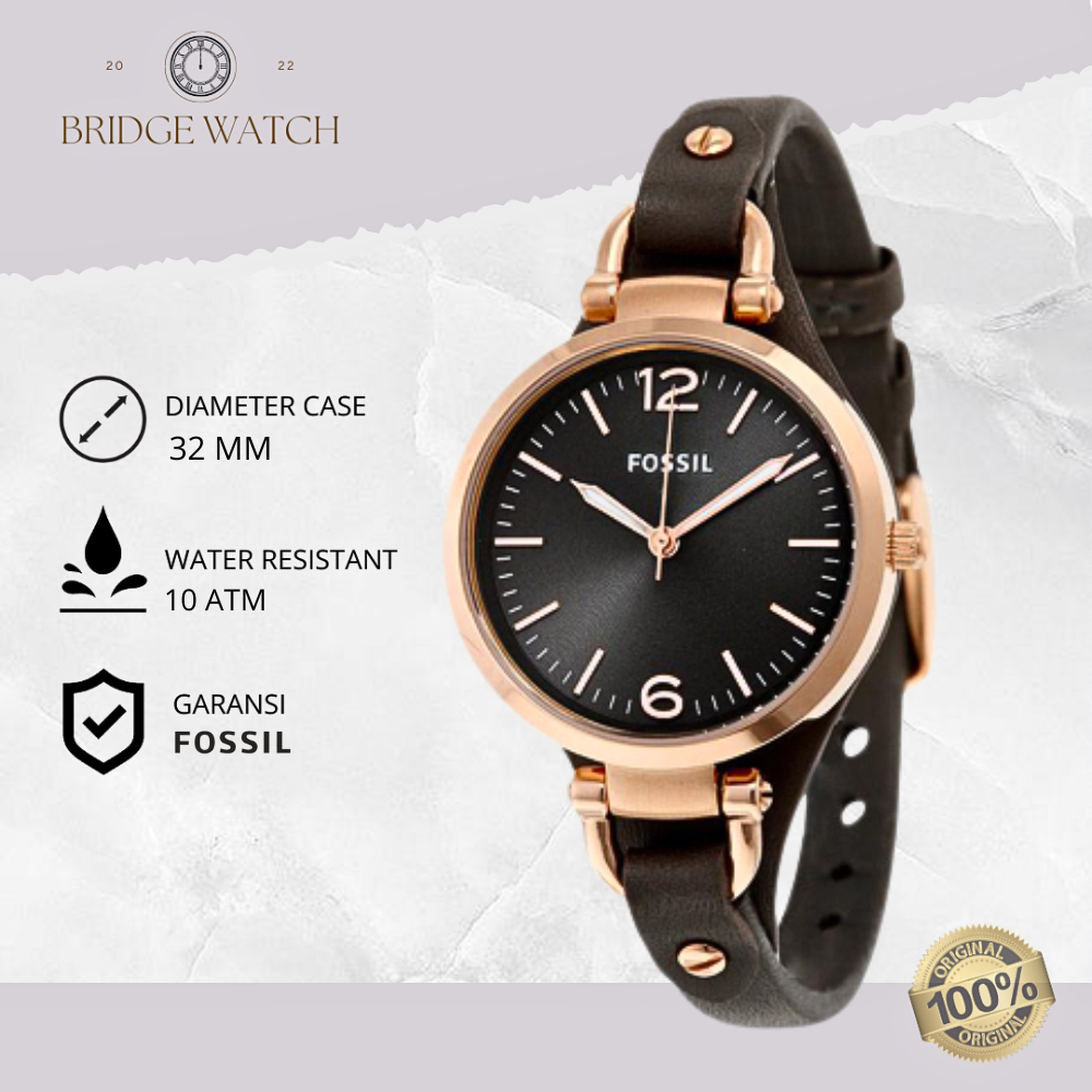 Jam Tangan Wanita Fossil Georgia Original ES3077 Analog Leather Strap Kulit Brown Cewek Casual Luxur