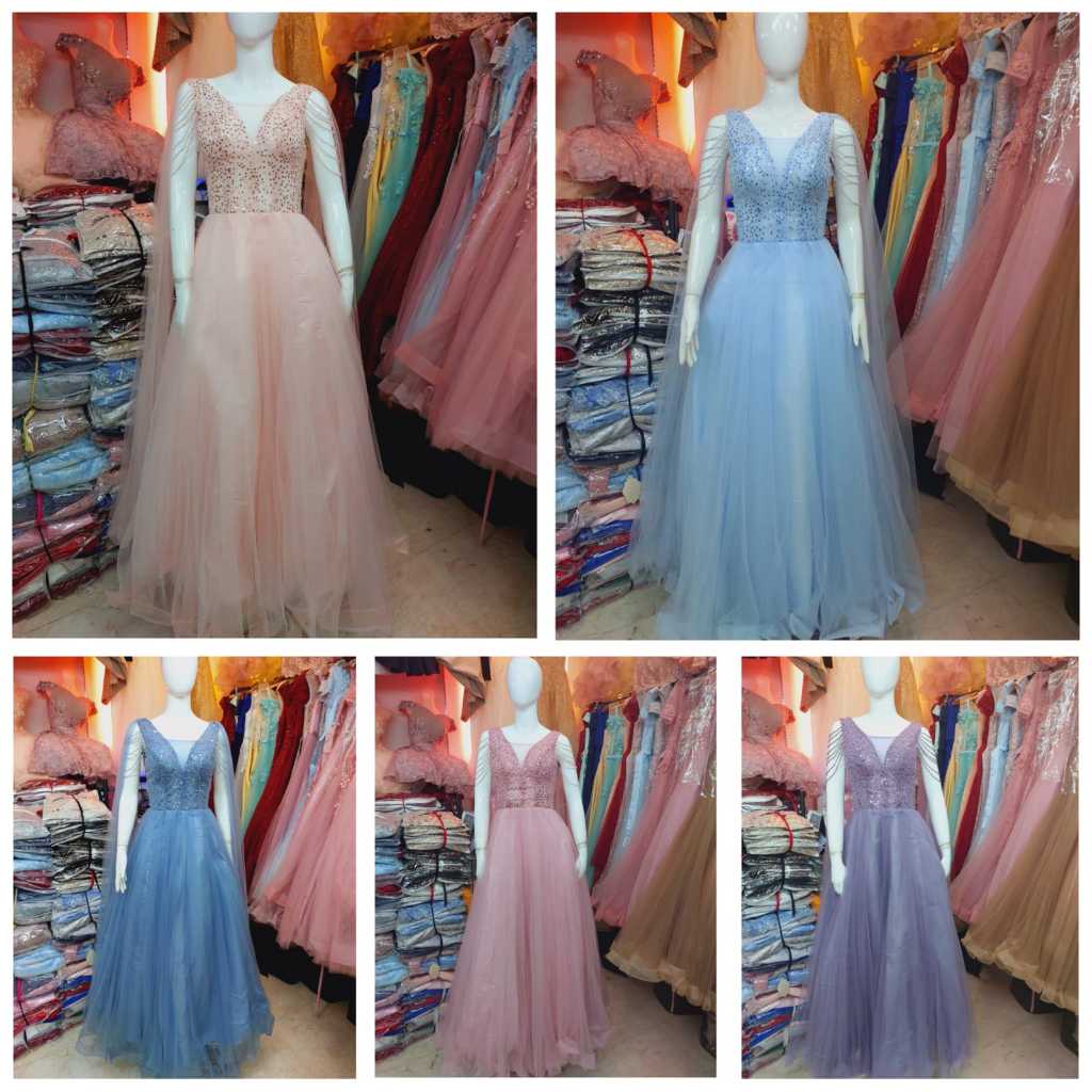 Longdress pesta tutu biru muda pink dusty blue salem peach merah maroon ungu lilac gaun bridal gown 