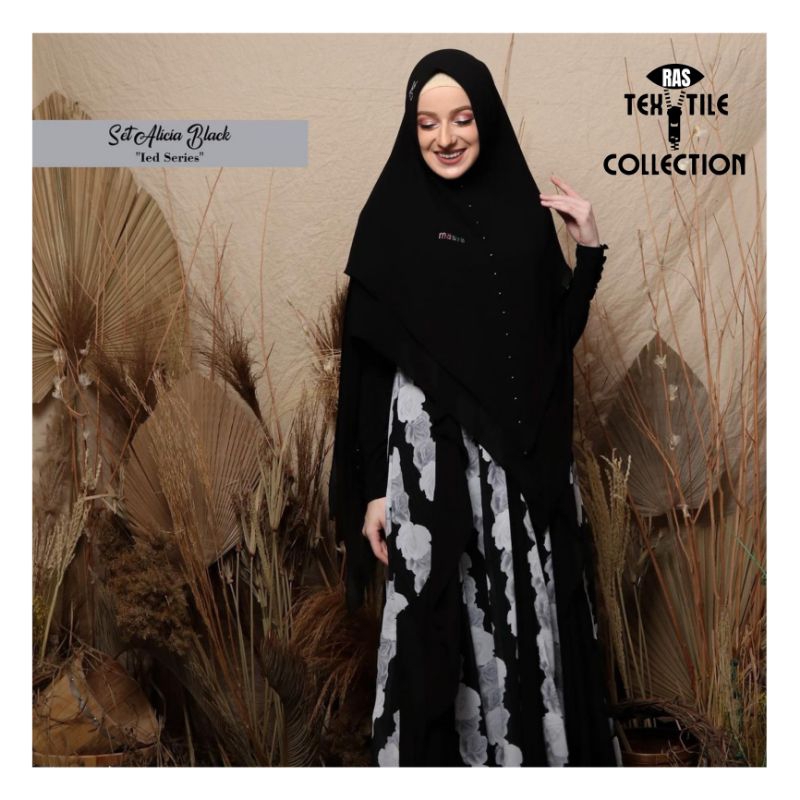 Set Gamis Dress Ceruty Babydoll Syari Branded Prinitng Black White - Hitam Putih - Abu Mewah Masya S
