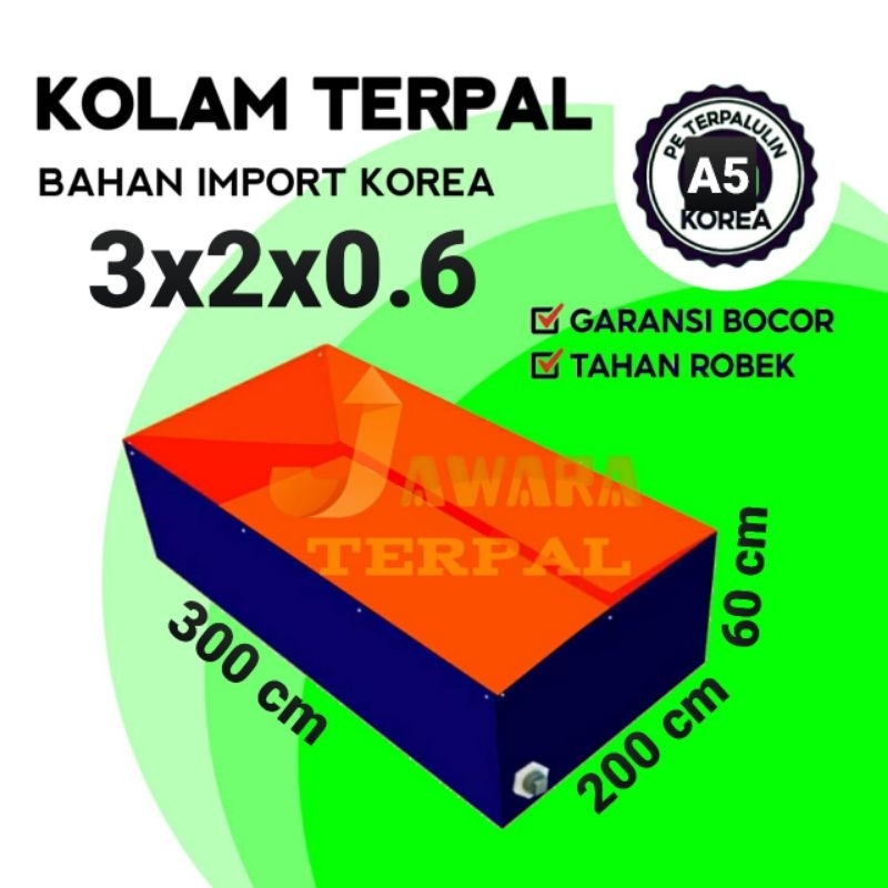Terpal kolam ikan kotak ukuran 300x200x60/3x2x0.6 bahan A5 korea