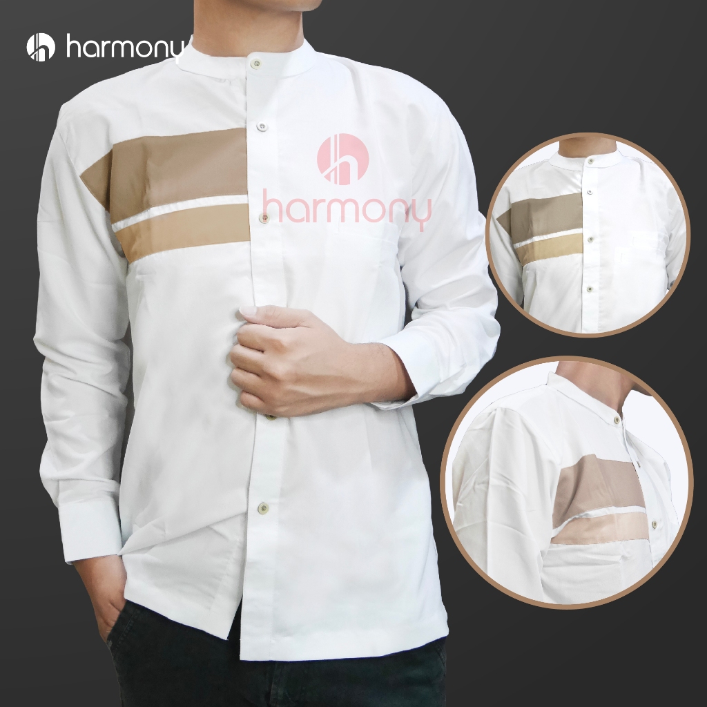Baju Koko Muslim Putih Premium Kemeja Pria Motif Cokelat Beige Harmony