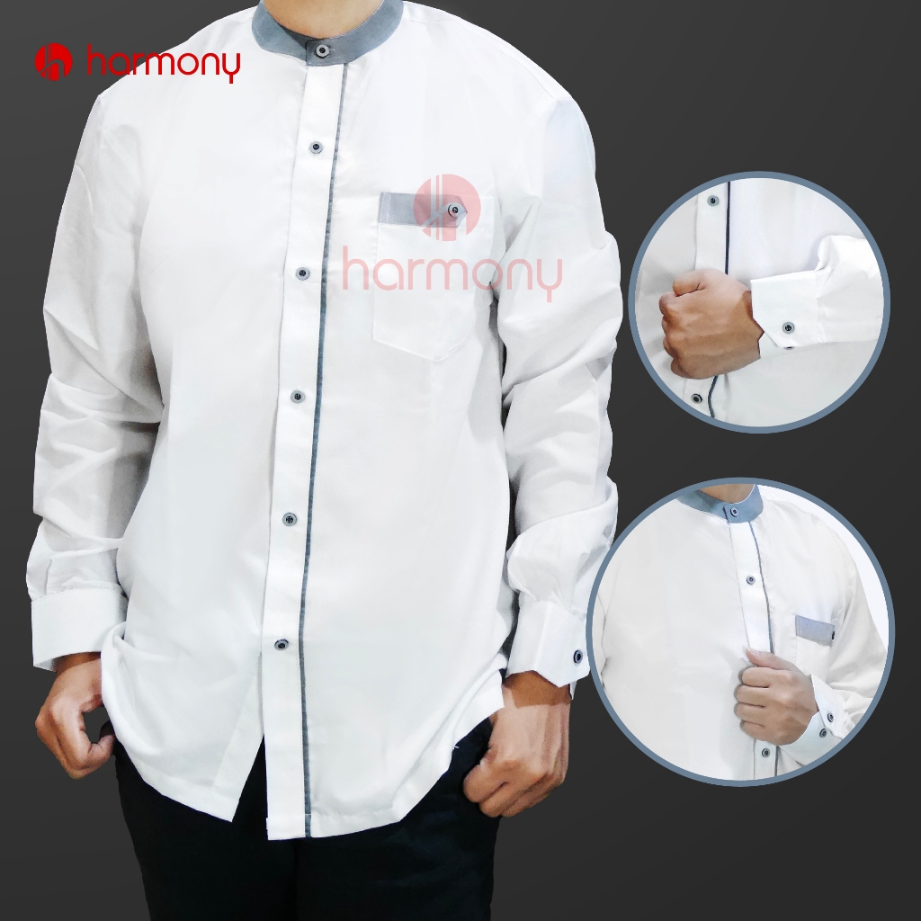 Baju Koko Muslim Putih Premium Kemeja Pria Motif Warna Abu-Abu Harmony