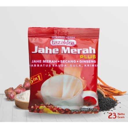 

minuman instan jahe merah creamer tazakka 6 in 1 khasiat bagus untuk meningkatkan daya tahan tubuh penghangat badan BPOM isi 1 shacet