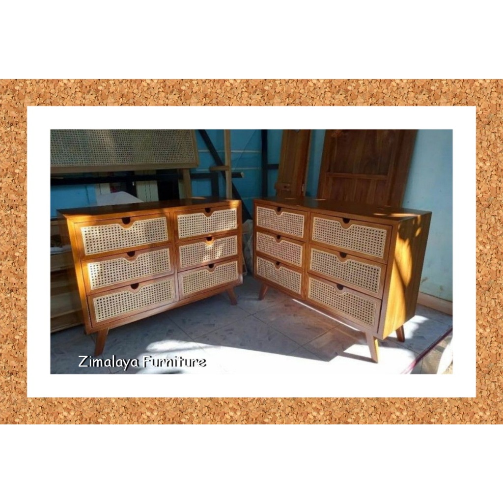 Drawer Jati Minimalis 6 Laci Rotan, Bufet Minimalis Jati 6 Laci Rotan