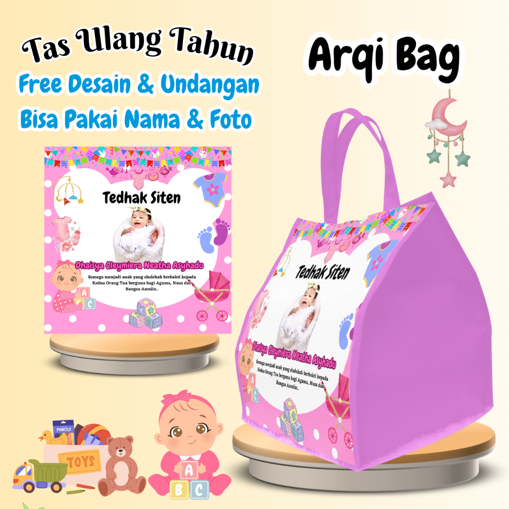 

50 Tas Snack Ulang Tahun Tedhak Siten Anak Custom Nama Foto Bingkisan Muat Bento Goodie Bag