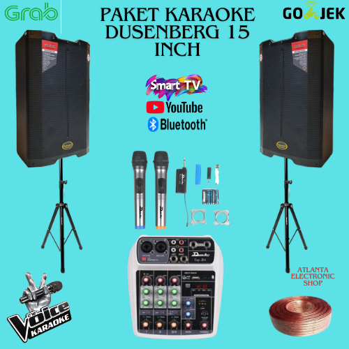 PAKET SPEAKER AKTIF DUSEN BERG 15 INCH PLUS 2 MIC WIRELESS BLUESTOOTH SMART TV