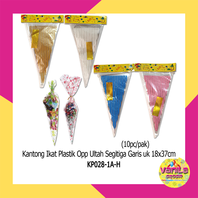 

(10Pcs) Kantong ikat plastik opp ultah segitiga garis uk 18x37cm, kantong ultah, plastik snack ultah, plastik jajan