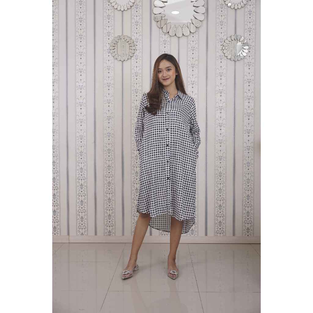 D'rei Fashion Baju Tunik Wanita Motif Kotak-Kotak / Tunik Kotak-Kotak Hitam / Tunik Kotak-Kotak Navy