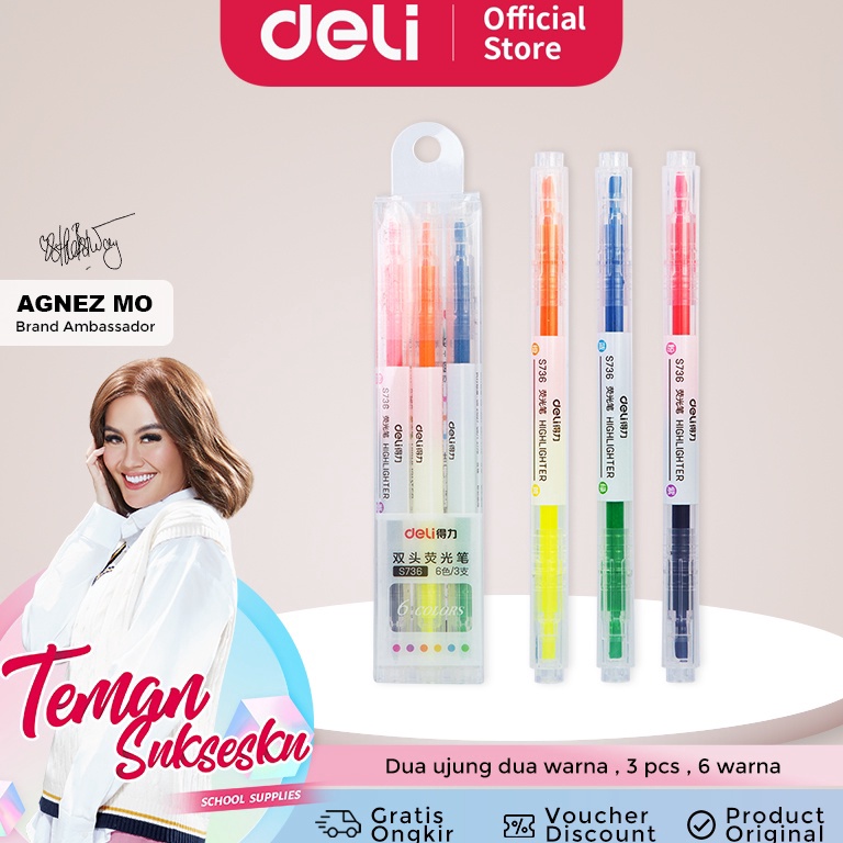 

[✈S43/] Deli highlighter ujung 2 warna 3pcs/pak 6 warna S736 Sale of Month