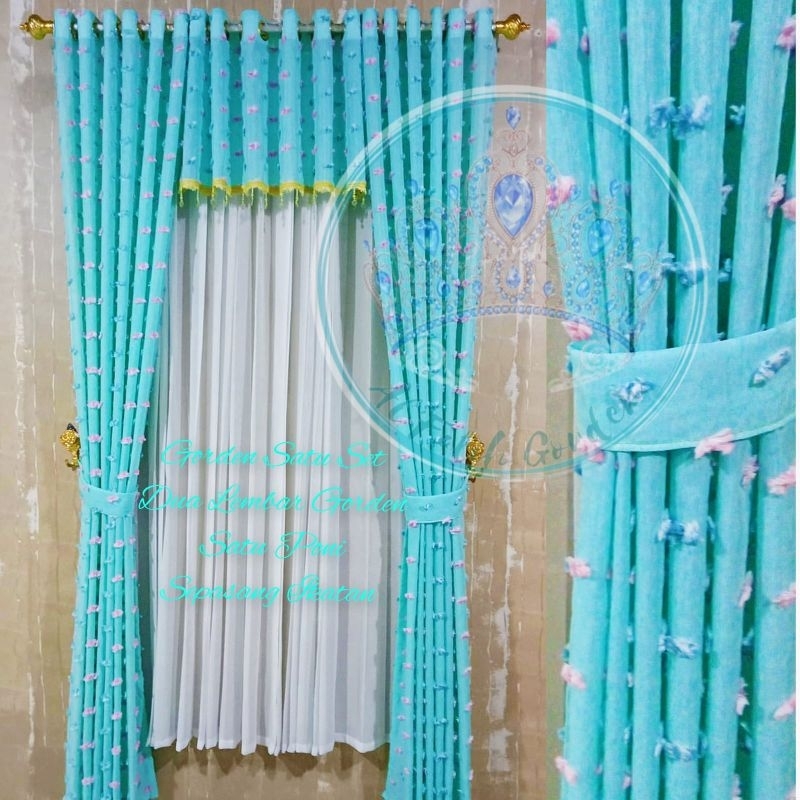 Gorden Satu Set Poni Atas Pintu Ruang Tamu Warna Biru Tosca Bahan Pitras Ruby