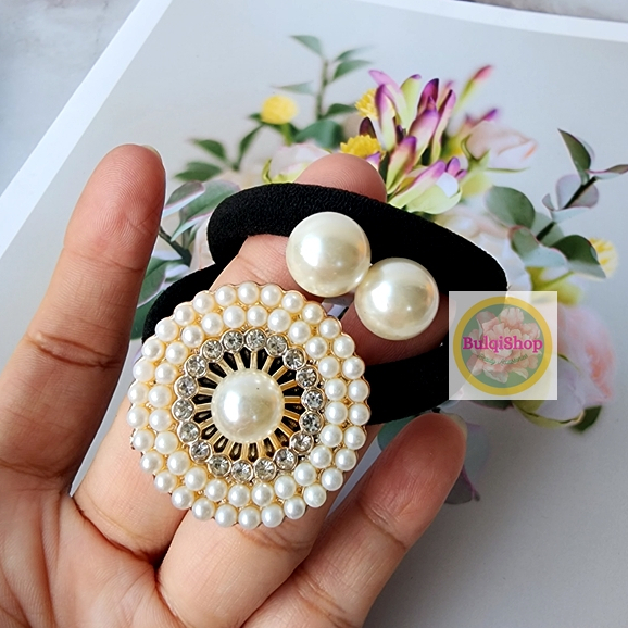 2pcs Karet Donat Hitam Kuncir Rambut Permata Mutiara Besar Kunciran Elastis Ikat Rambut Korea