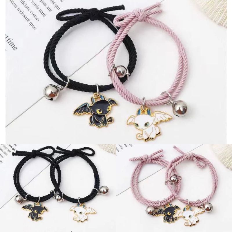 ( Beerrysaa ) GELANG COUPLE DRAGON TOOTHLESS AND THE LIGHT FURY Hitam Putih  naga | Tali karet ulir 