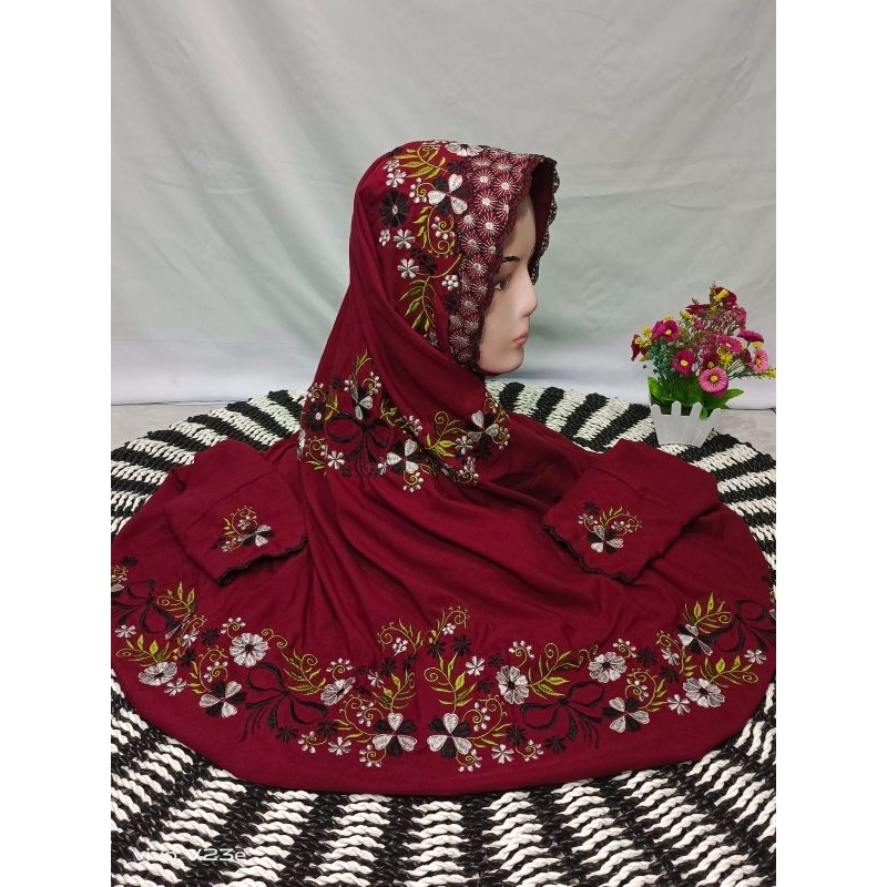 Mukena lajuran polino dewasa warna biru bordir bunga tabur