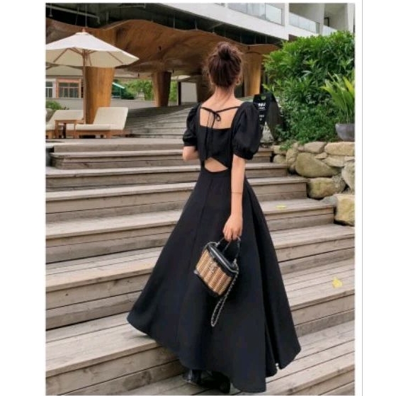long black dress import fashion korea Backless premium - dress wanita import premium fashion korea c