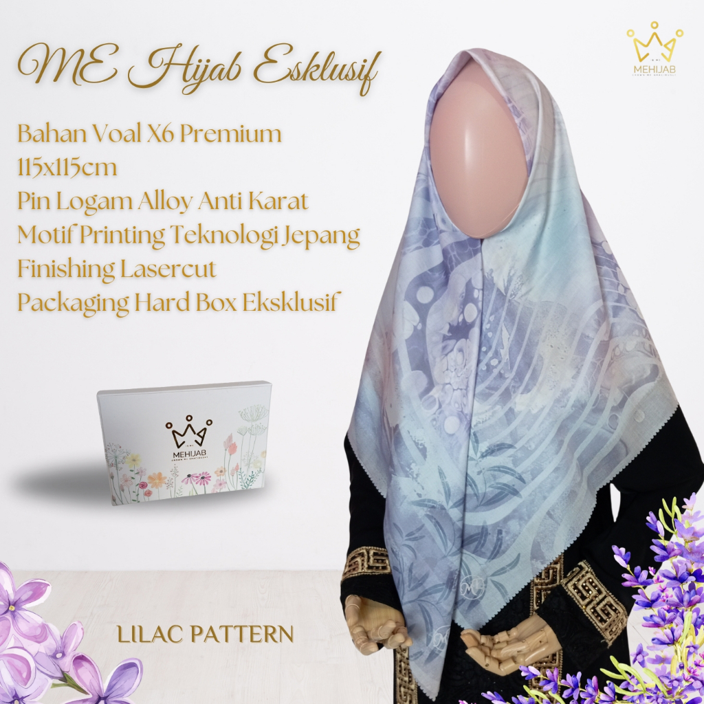 Jilbab Segi Empat Eksklusif Motif Pattern Lilac Hijab Bahan Voal Premium Kerudung Laser Cut