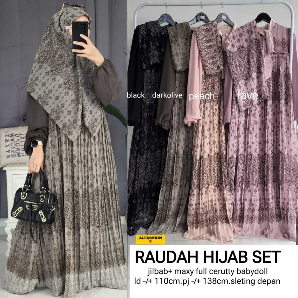 Raudah Shiren Asiqa Hijab Set Gamis Motif Ceruty LD 110cm PJ 137cm Sleting Depan Full Furing