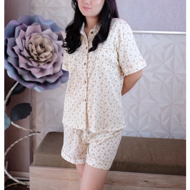 Cream Flower-Baju tidur wanita Dewasa / piyama korea wanita set premium