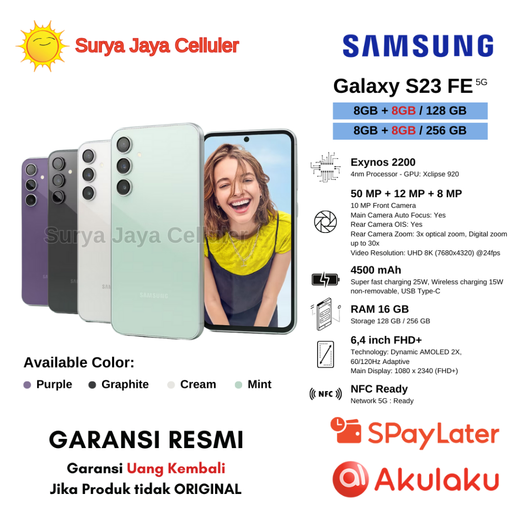 Samsung Galaxy S23 FE 5G 8/256GB, S23 FE 5G 8/128GB (Garansi Resmi Samsung)